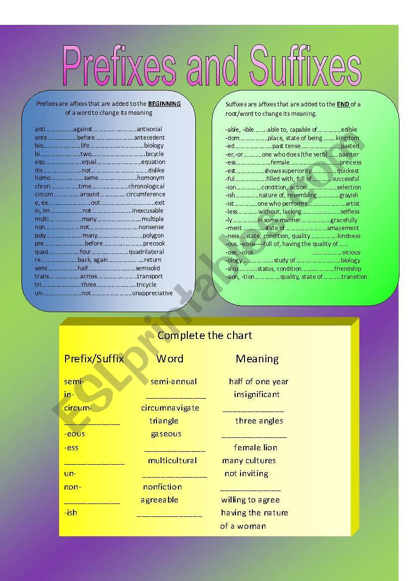 Prefixes and Suffixes worksheet