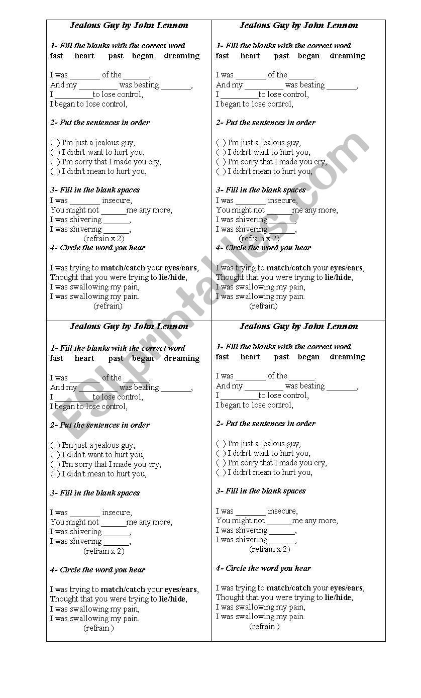 Jealous guy worksheet