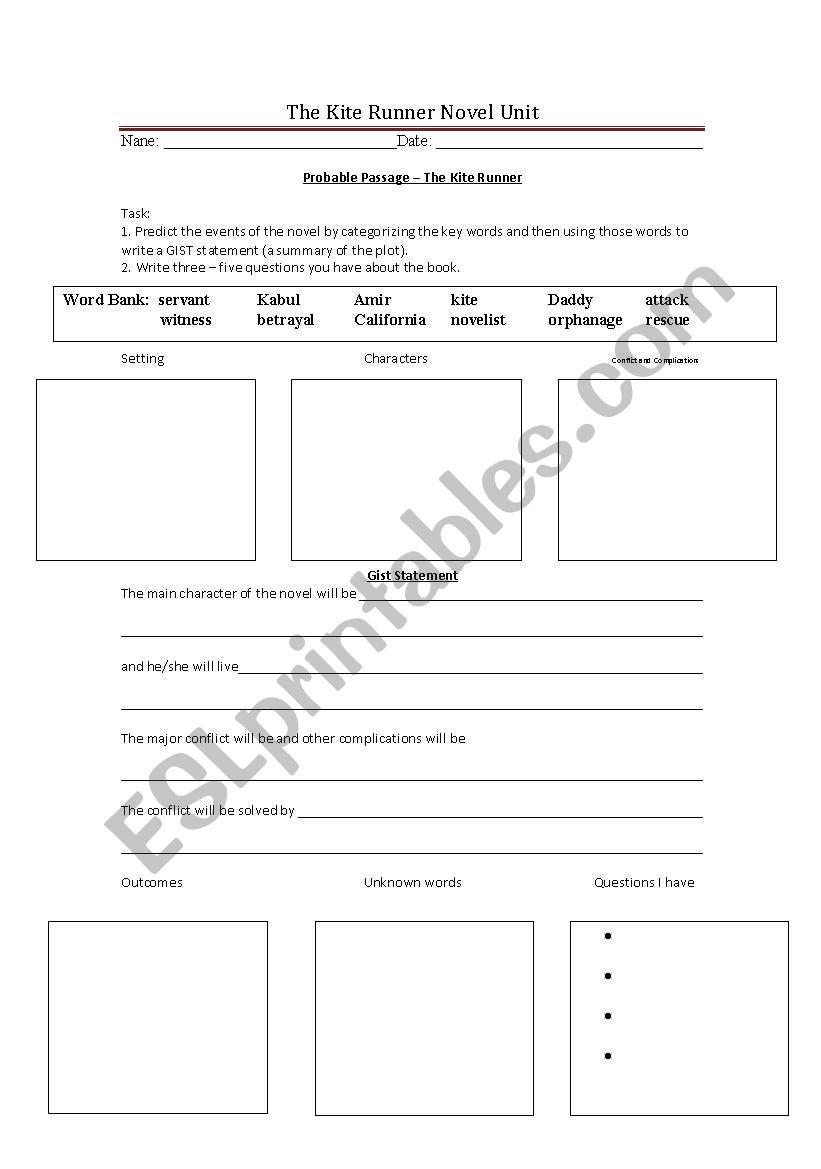 the kite runner work sheet worksheet