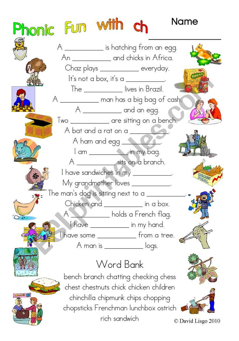 3 pages of Phonic Fun with ch: worksheet, story and key (#6)