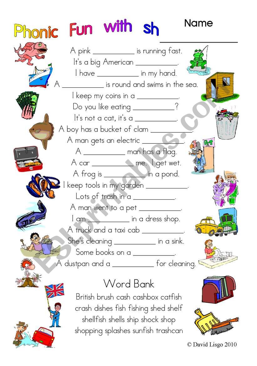 3 pages of Phonic Fun with sh: worksheet, story and key (#7)