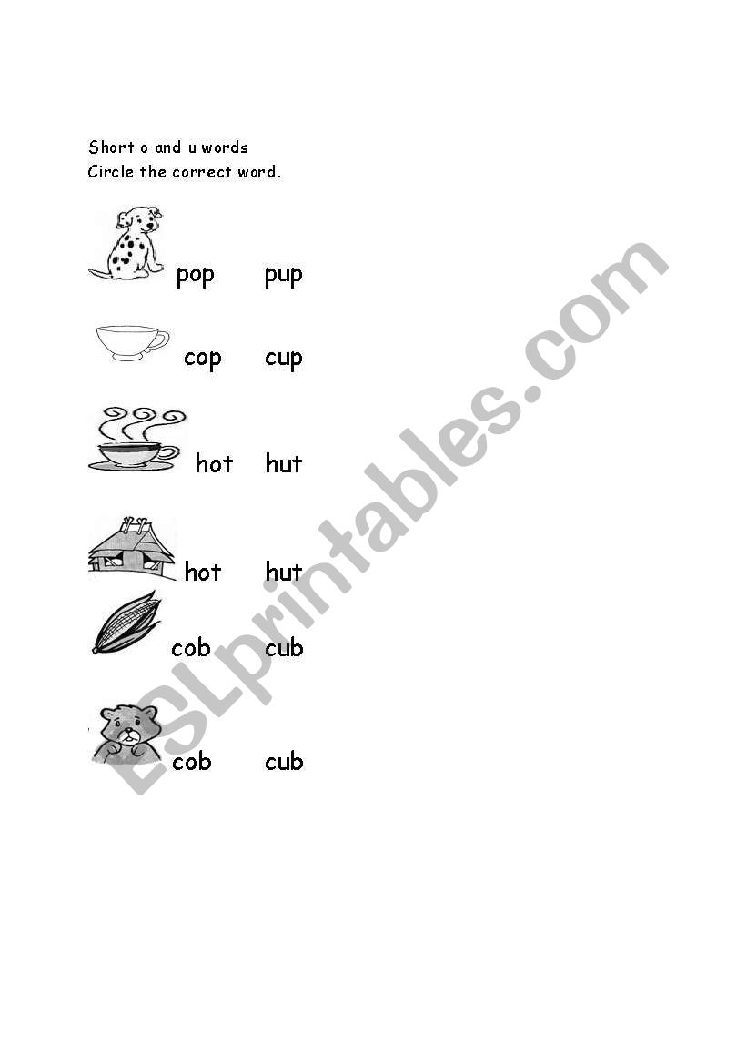 Short o and u words worksheet