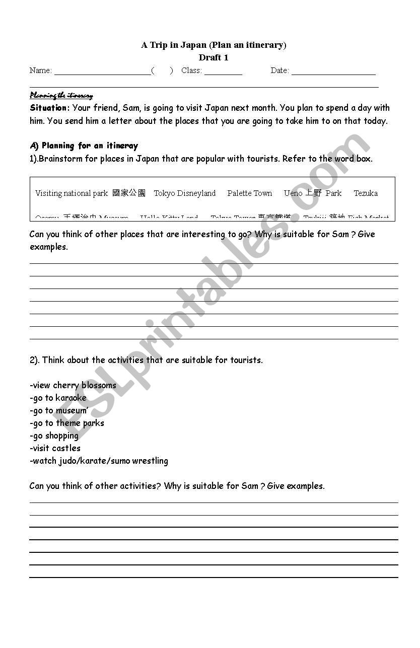 Planning an itinerary worksheet