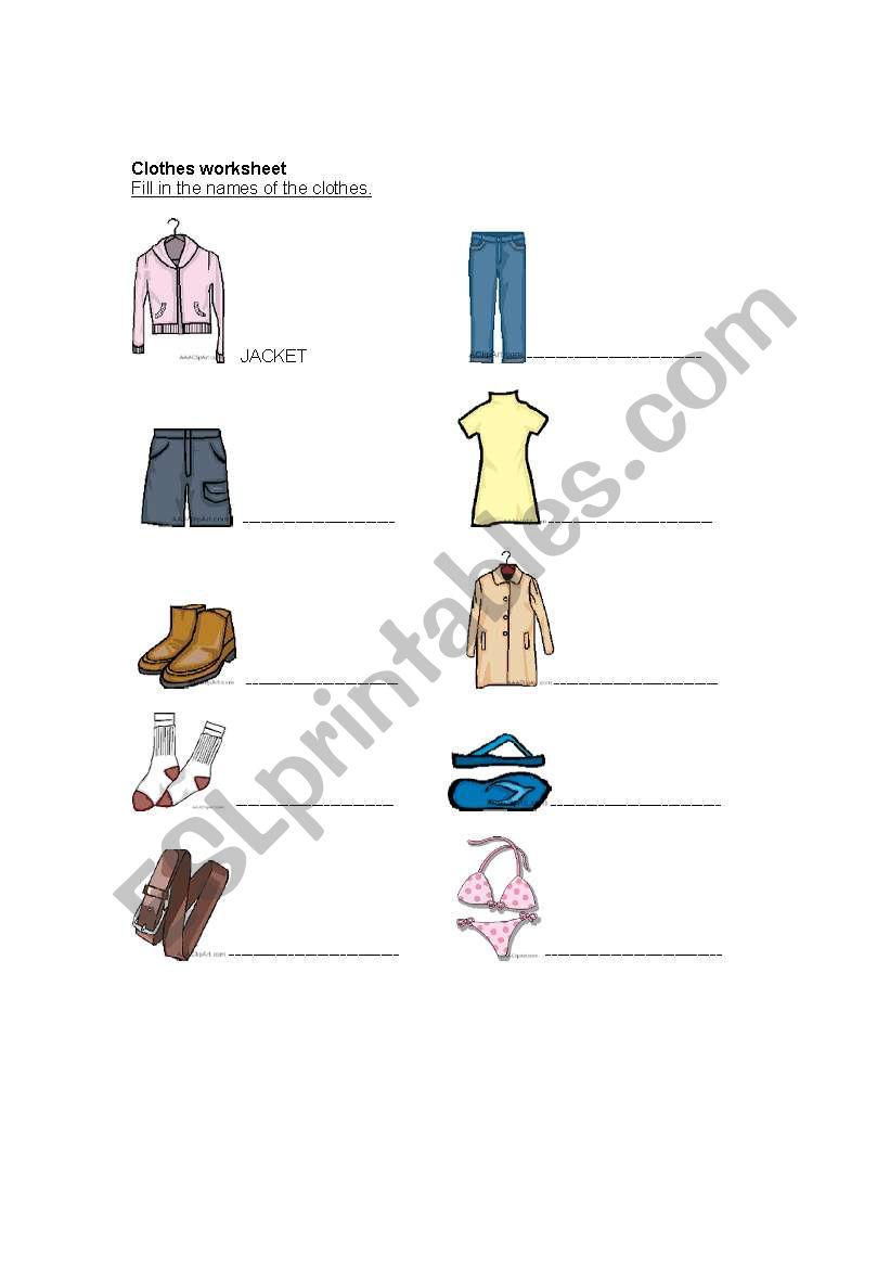 Types of clothing worksheet