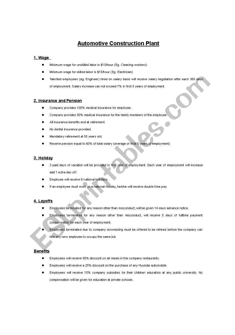 Negotiation Activity - Contract (typical union) Details for 2 group/people to negotiate 