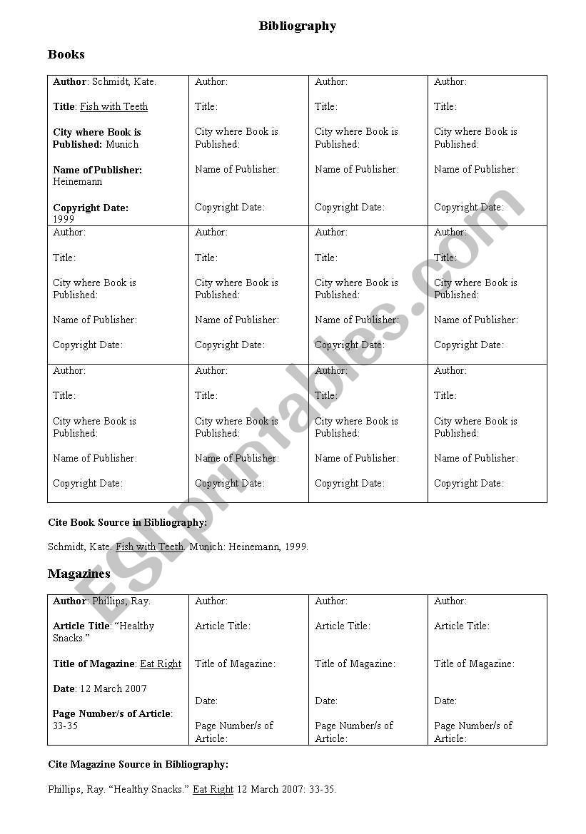 Bibliography Grid Notetaking Sheet