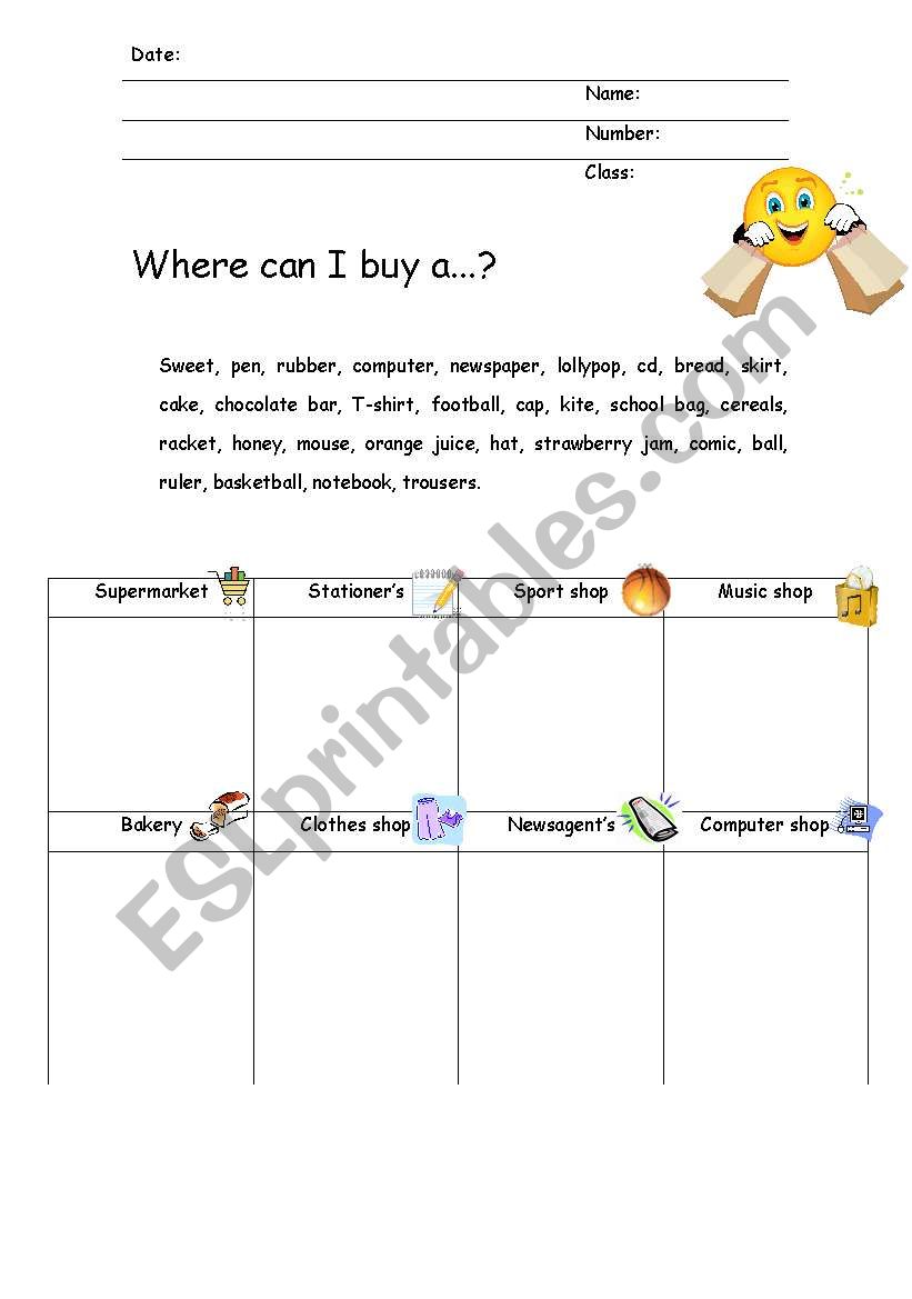 Shopping worksheet