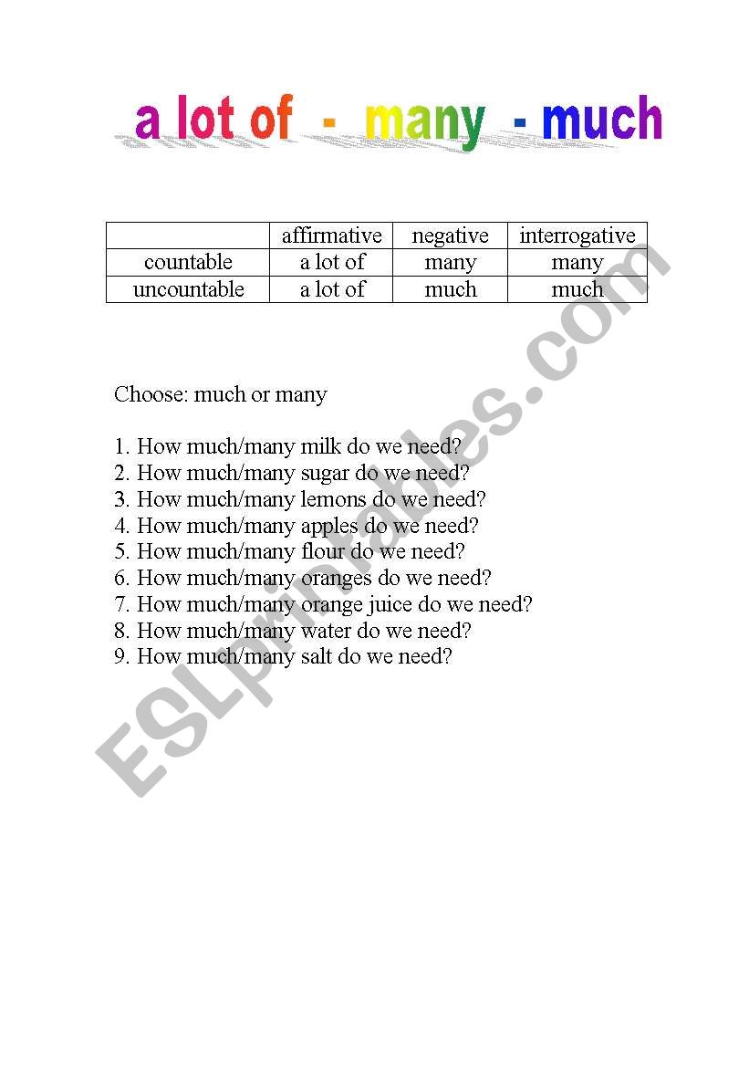 quantifiers a lot of - much - many