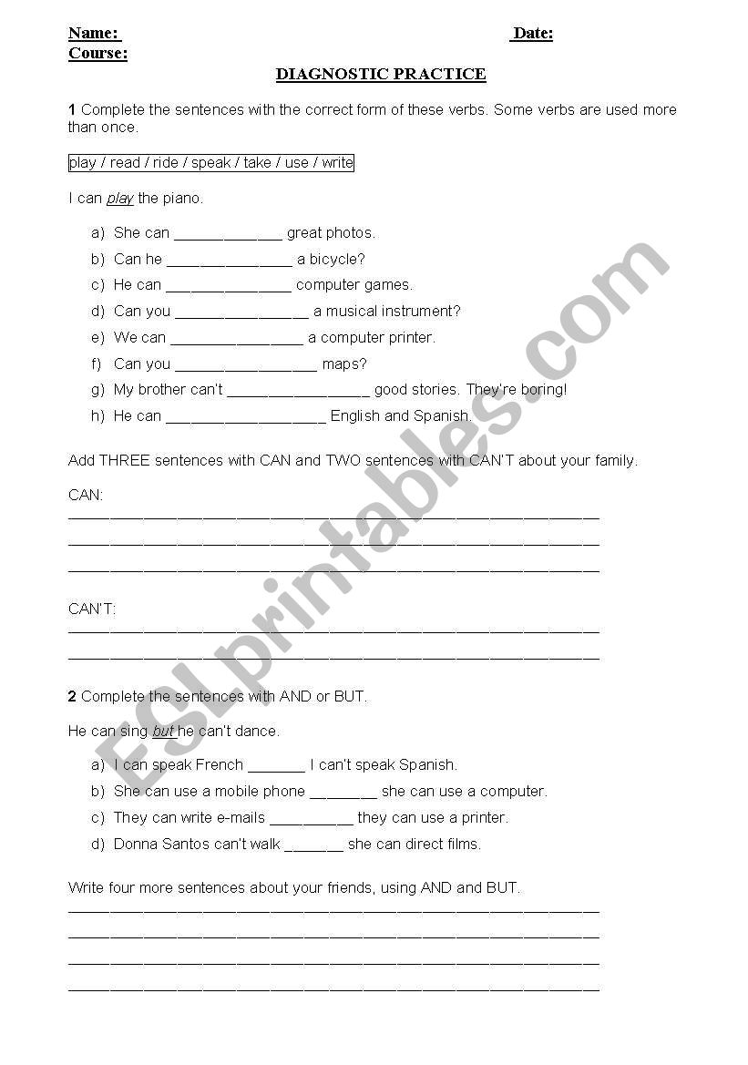 Diagnostic Practice CAN-CANT worksheet