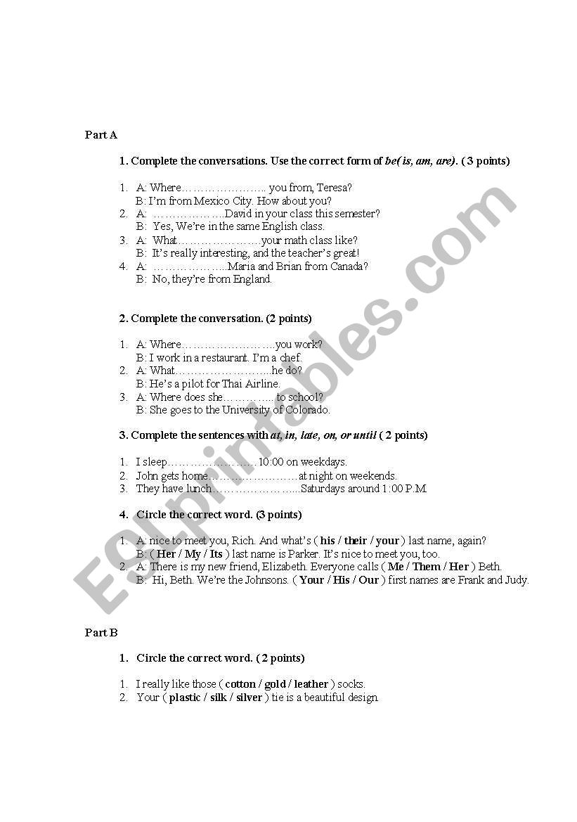 basic grammar test worksheet