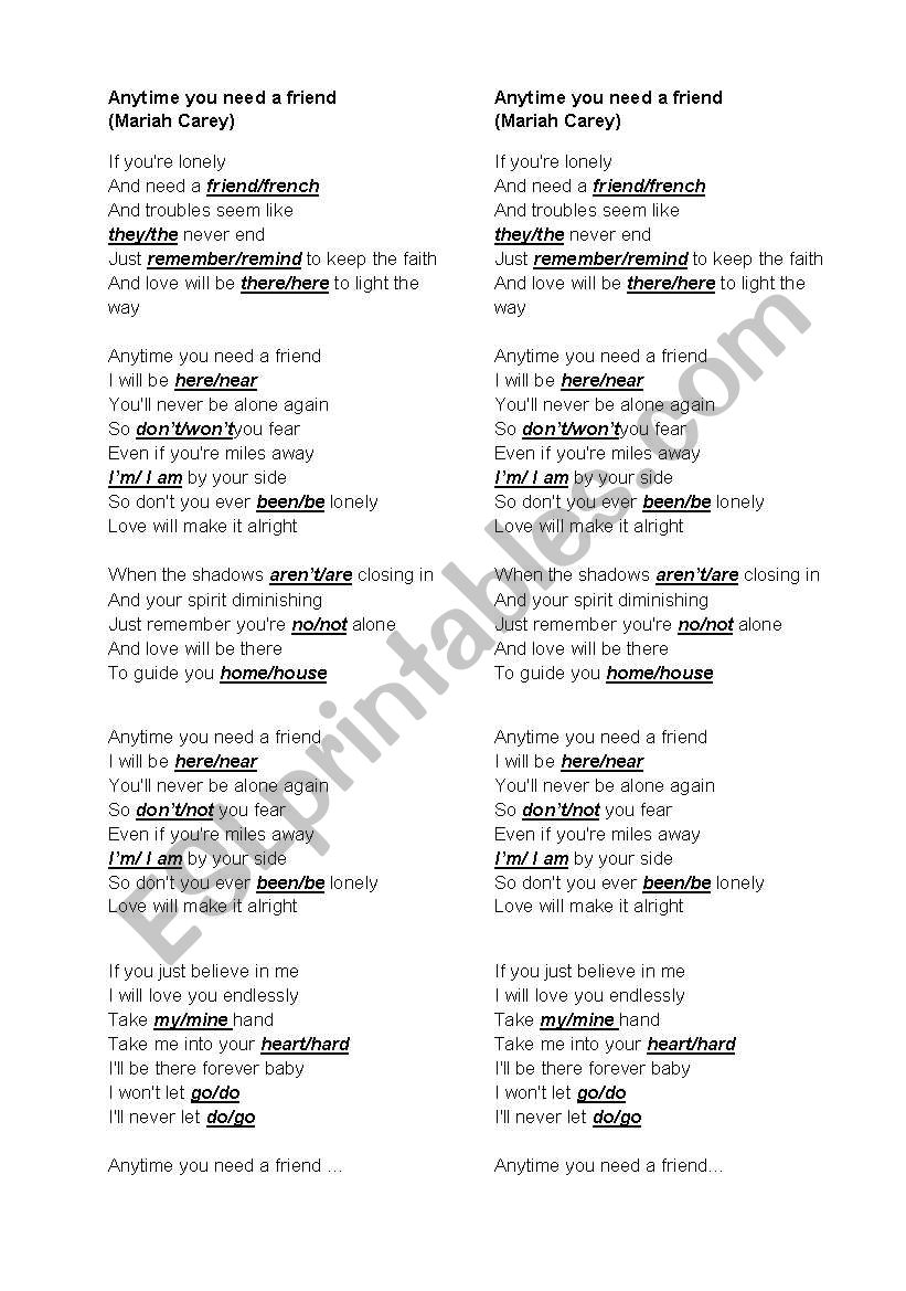Anytime you need a friend worksheet