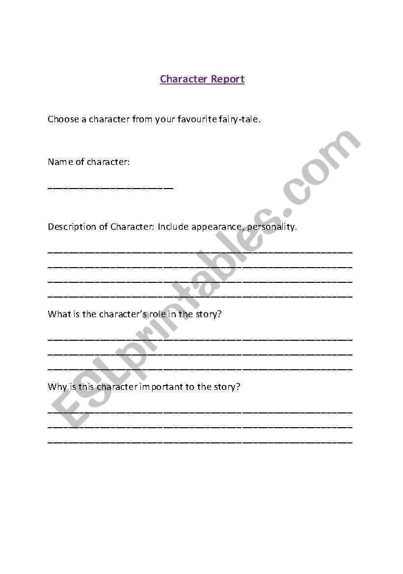 Character Report worksheet