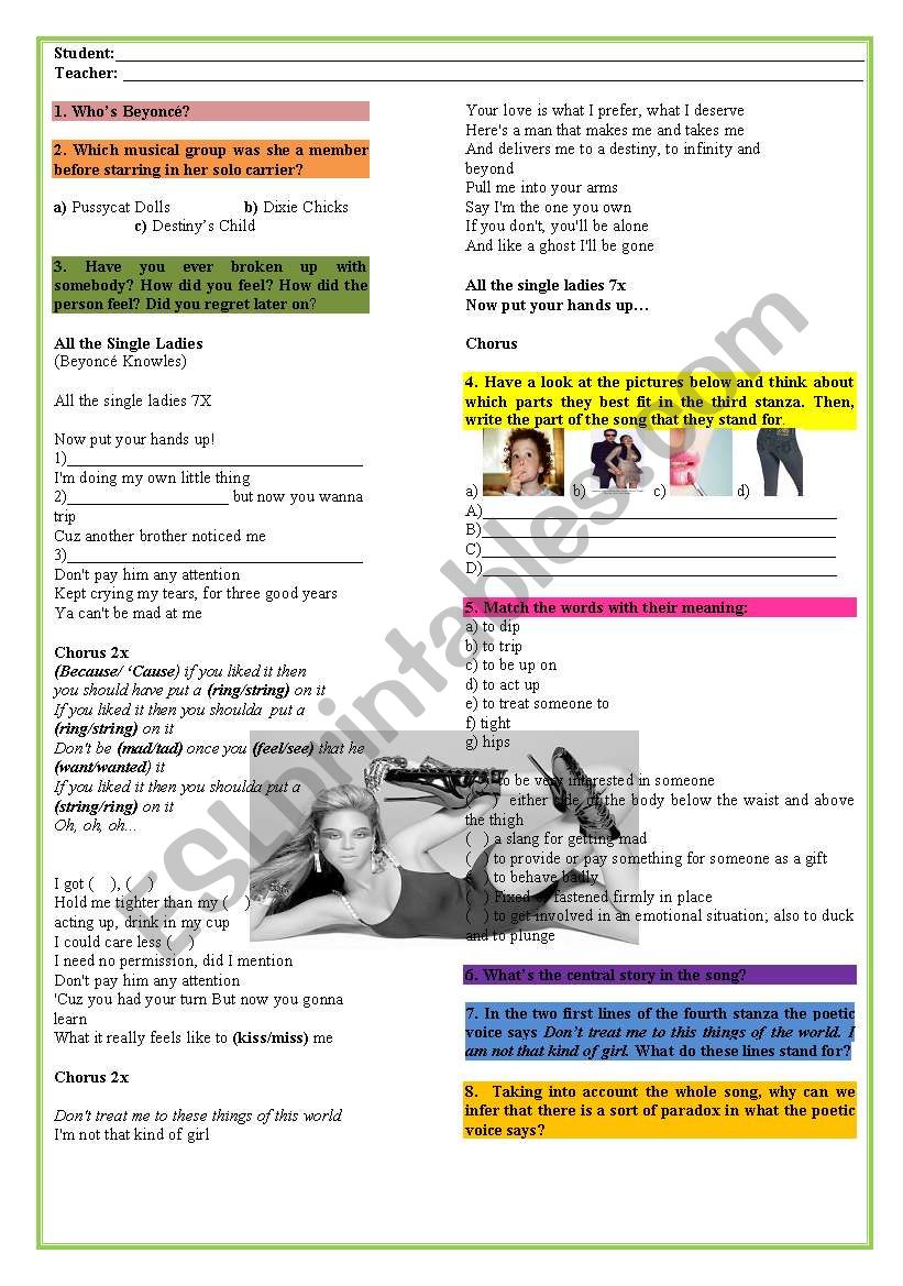 All the Single Ladies Song worksheet