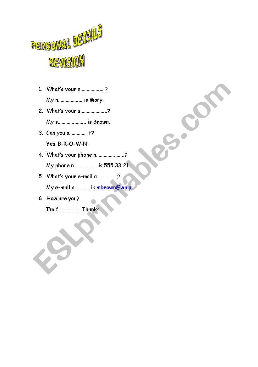 personal information worksheet
