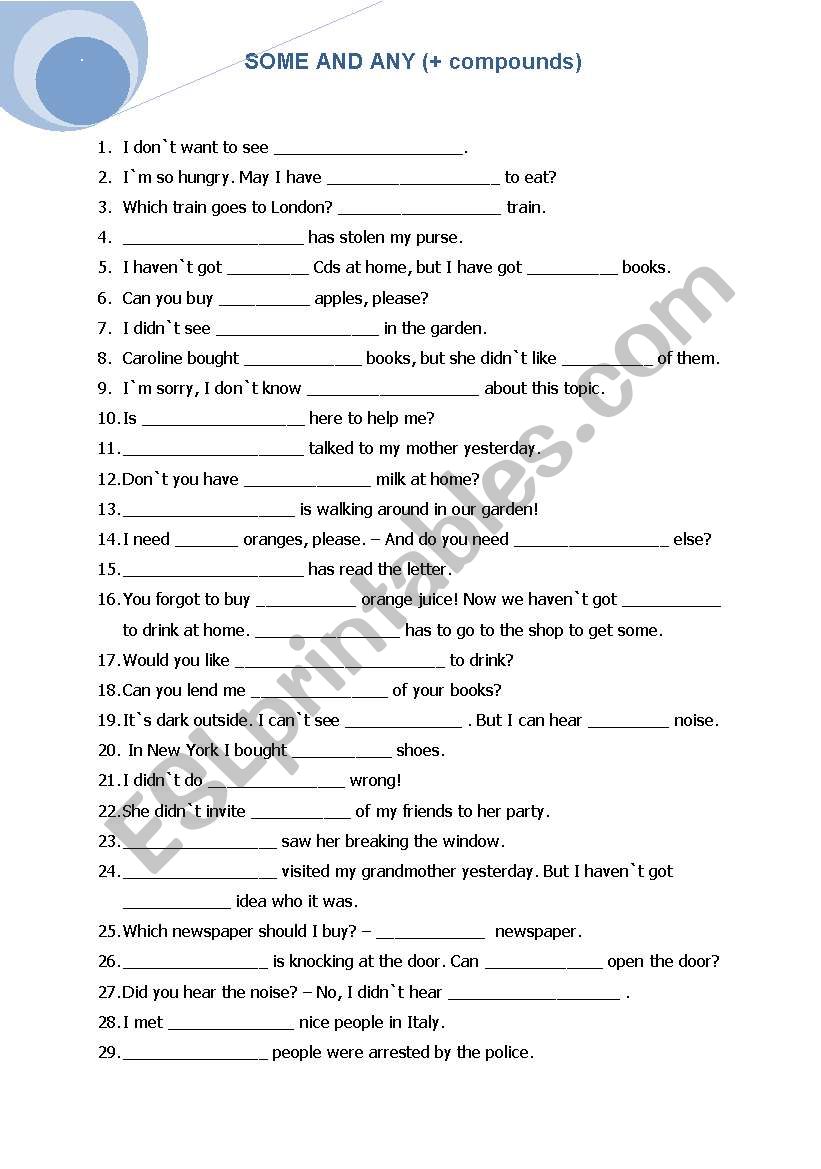 some and any + compounds worksheet