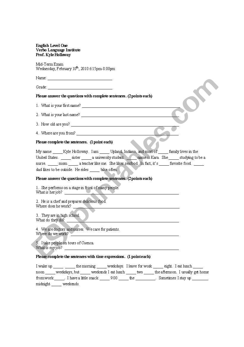 Basic grammar exam worksheet