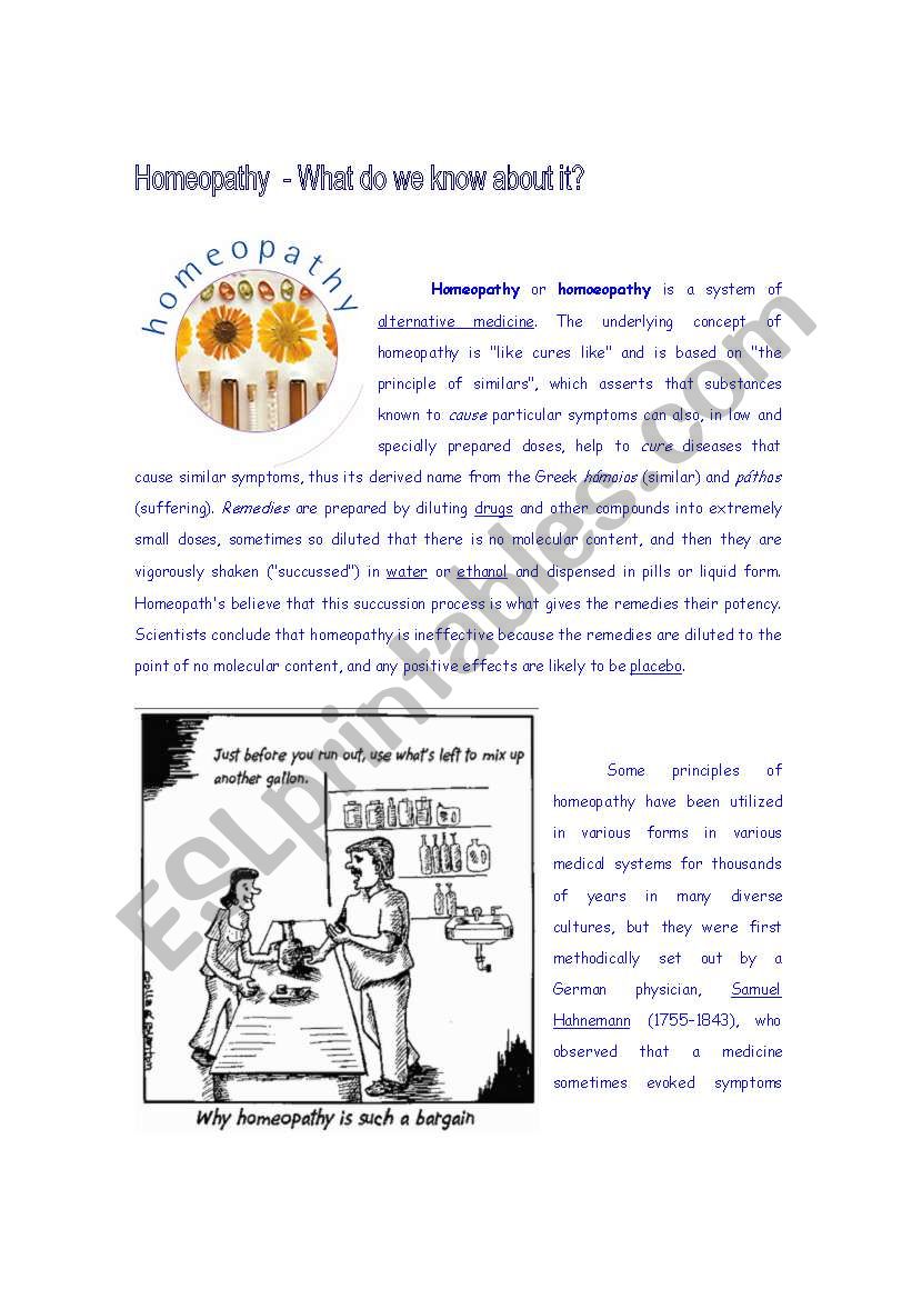 Homeopathy reading worksheet