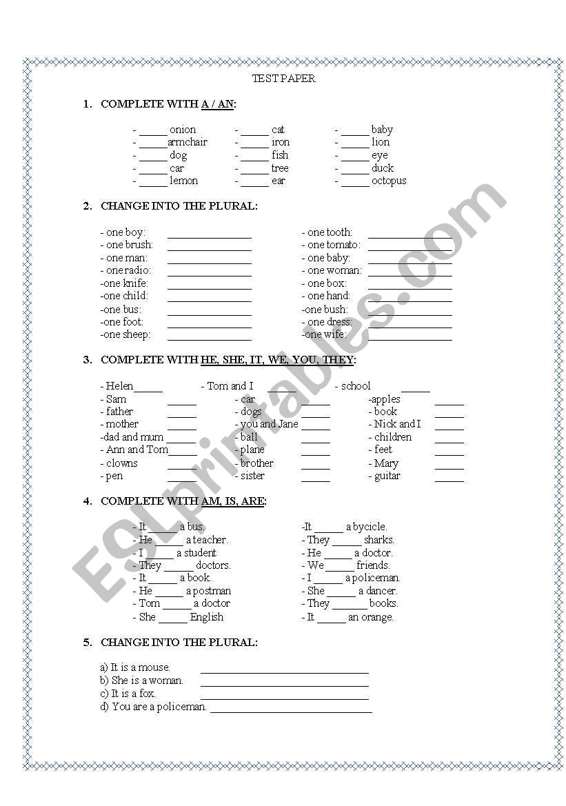 test paper worksheet