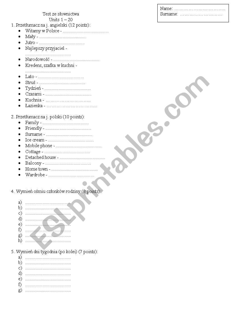 Vocab test worksheet