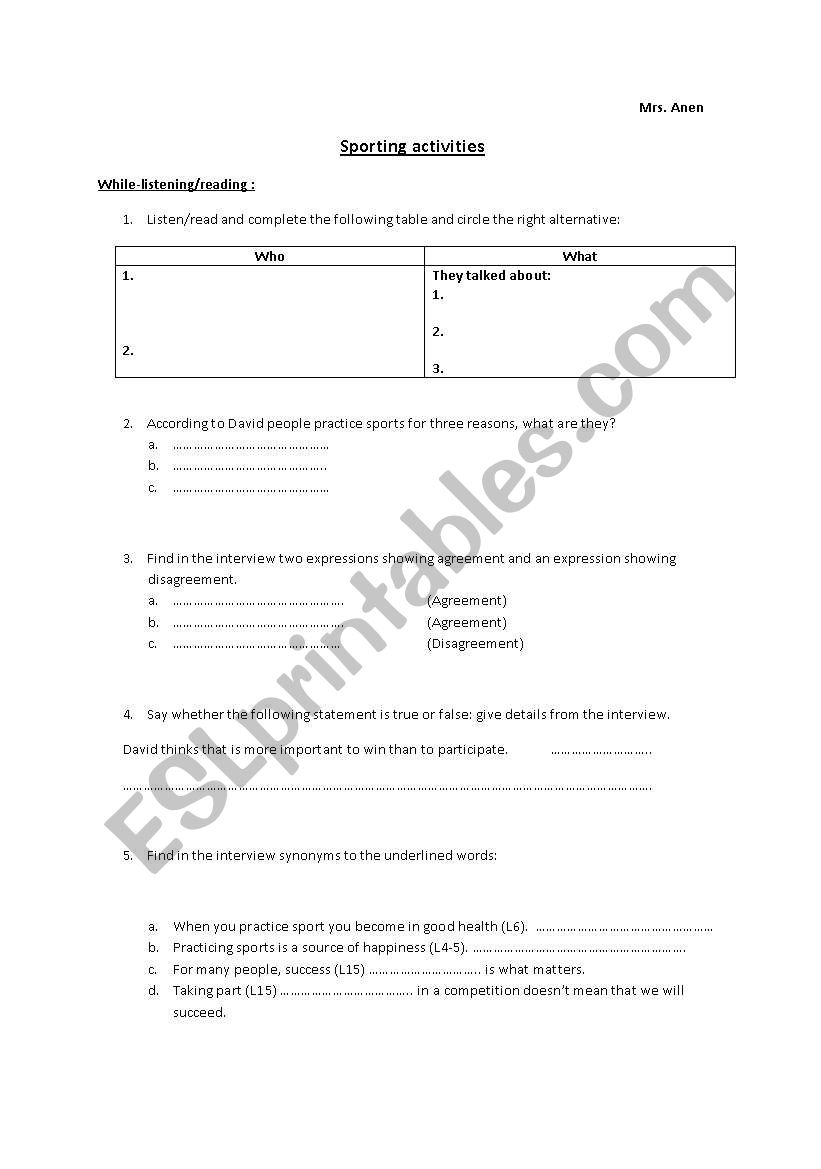 sporting activities worksheet