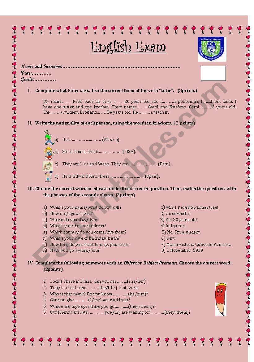 English test worksheet