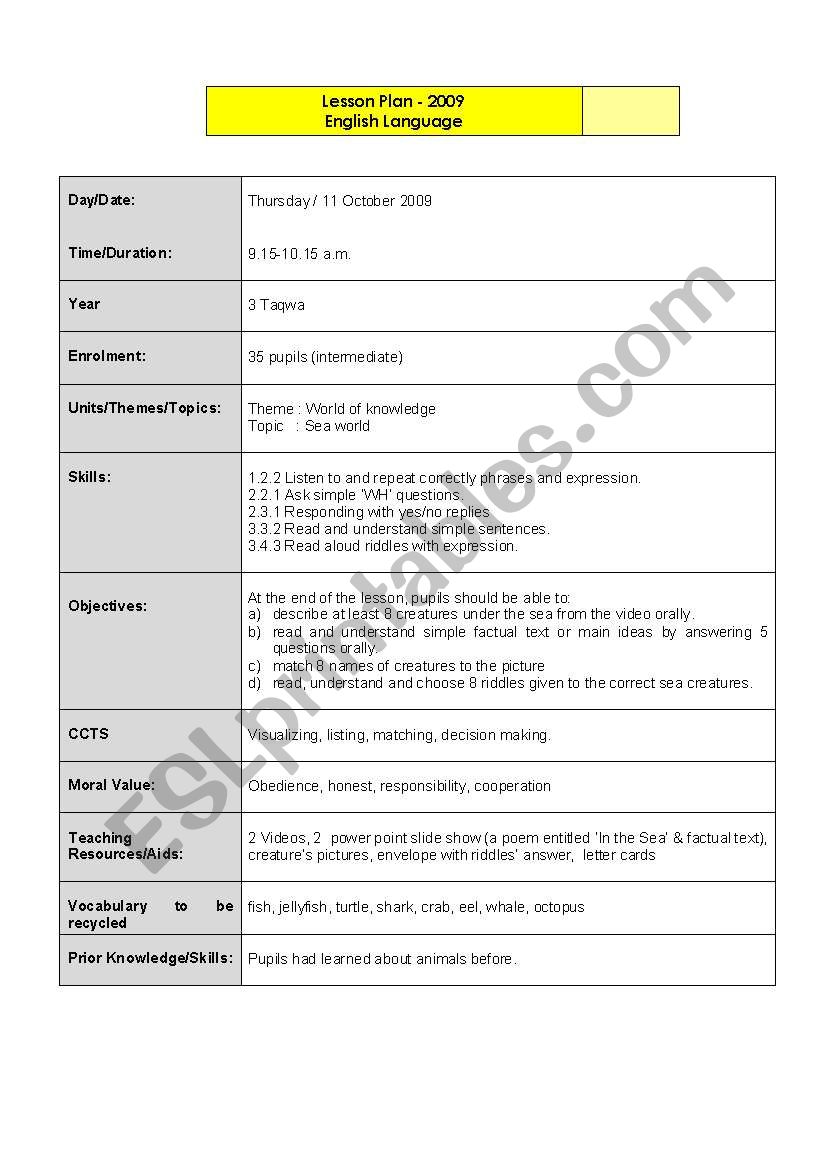lesson plan sea world worksheet