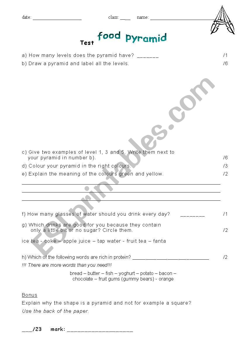 food pyramid - test worksheet