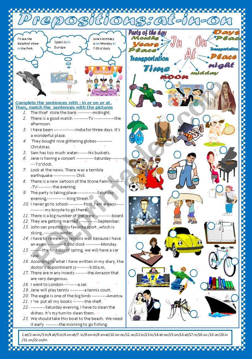 Prepositions:At-On-In (+Key) worksheet