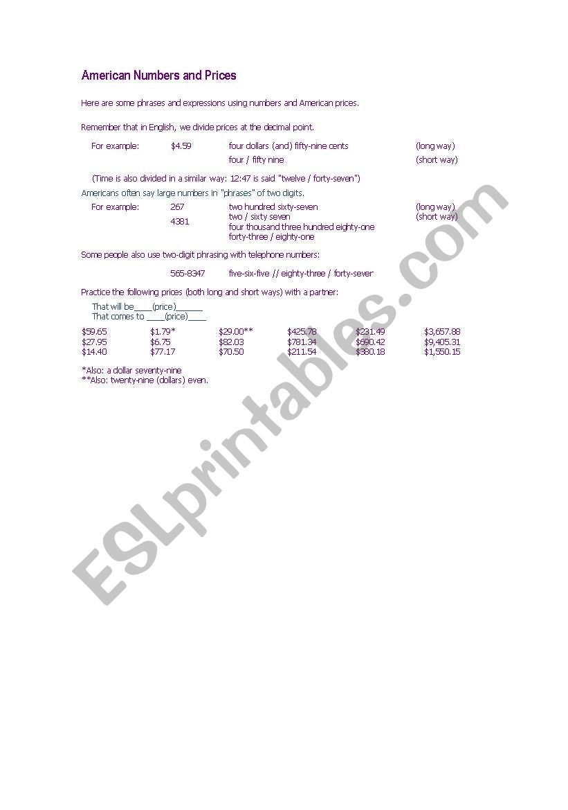 American numbers and prices worksheet