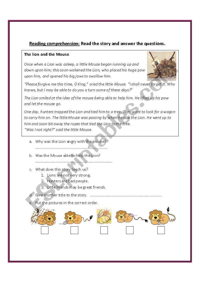 The lion and the Mouse worksheet