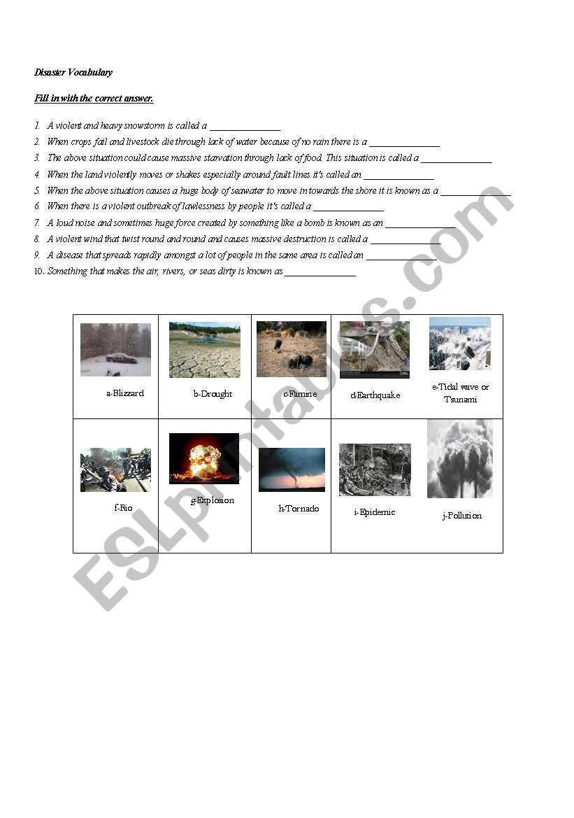 Natural disasters vocabulary worksheet