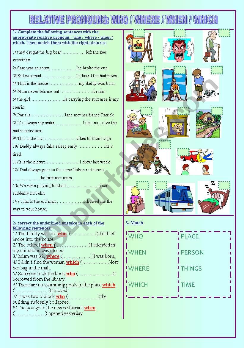 RELATIVE PRONOUNS: who / when / where / which