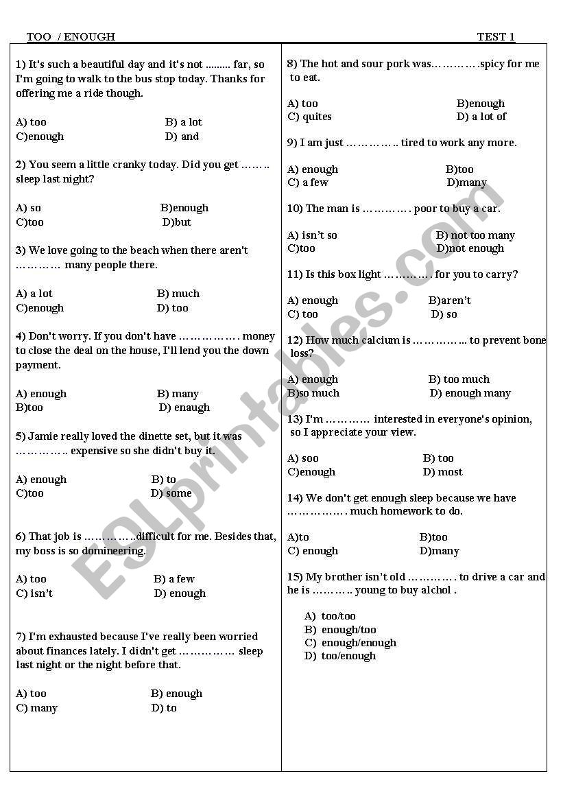 too/enough worksheet