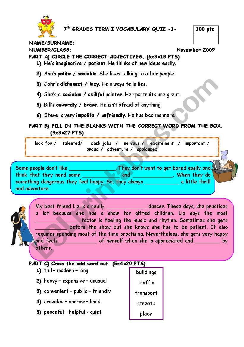 Vocabulary quiz worksheet