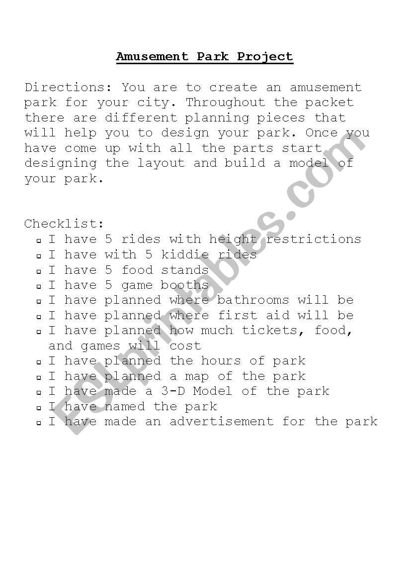 Amusememt Park Project worksheet