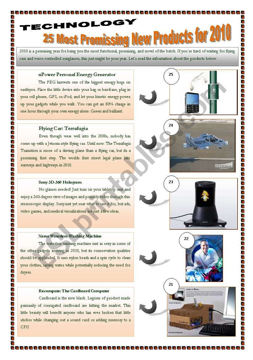 TECHNOLOGY - 25 MOST PROMISSING NEW PRODUCTS FOR 2010 - (5 pages) Reading & writing + 7 extra activities