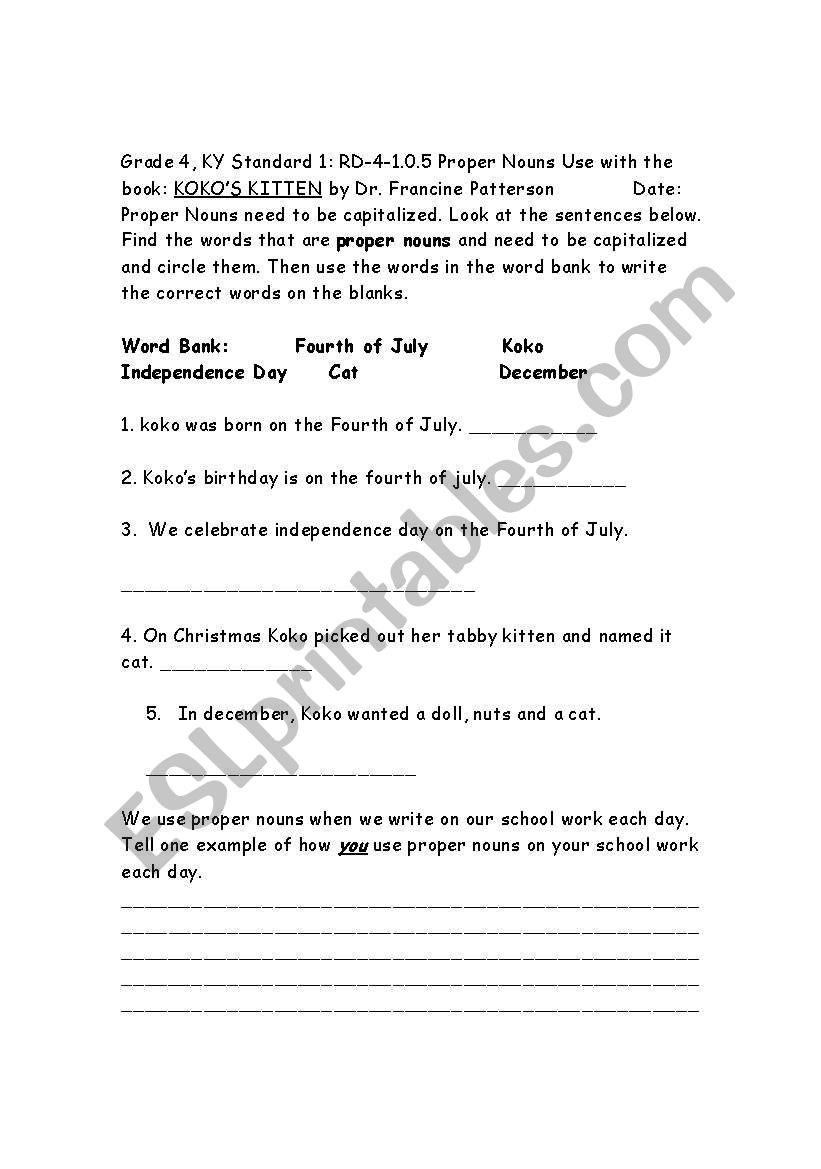 Proper Nouns Kokos Kitten worksheet