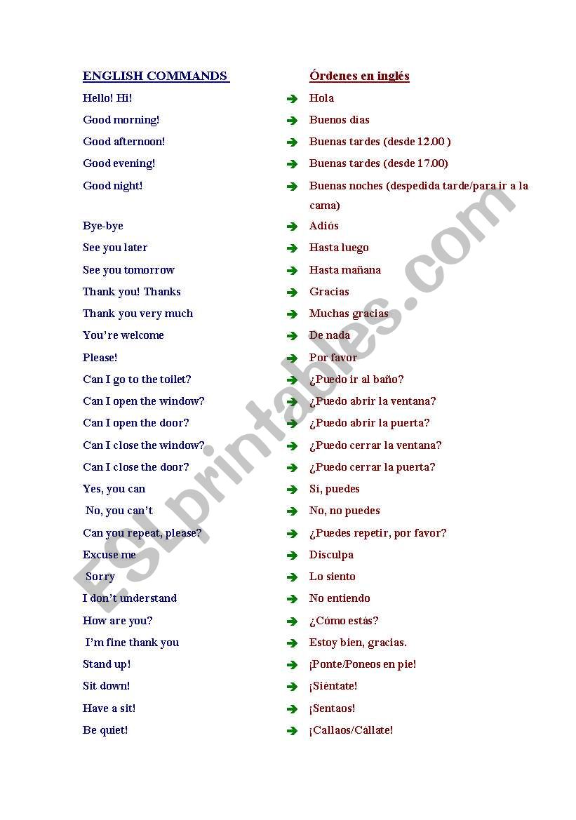 commands in the classroom worksheet