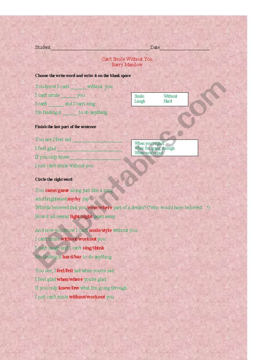 Cant Smile Without You  worksheet