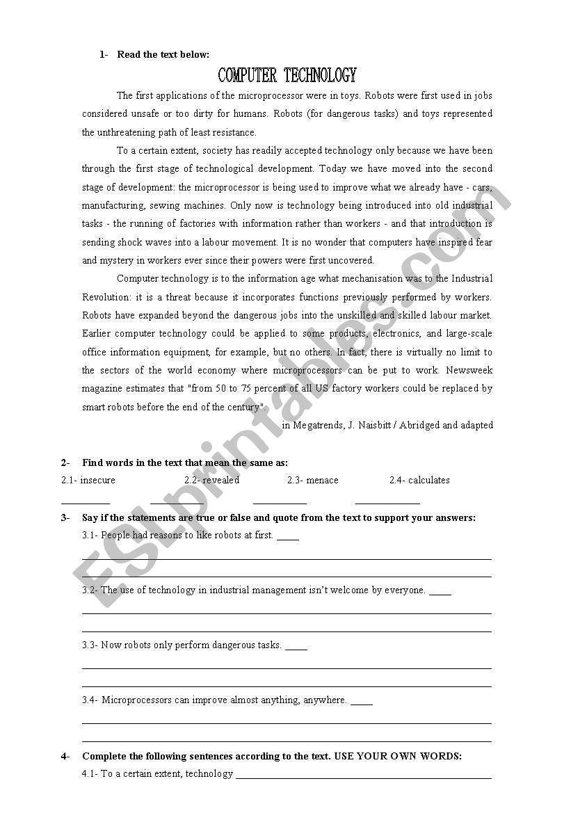 Computer technology worksheet