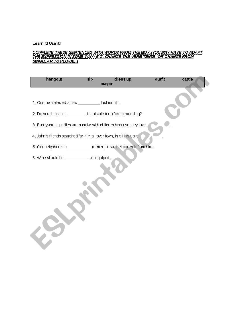 SHORT VOCABULARY QUIZ worksheet