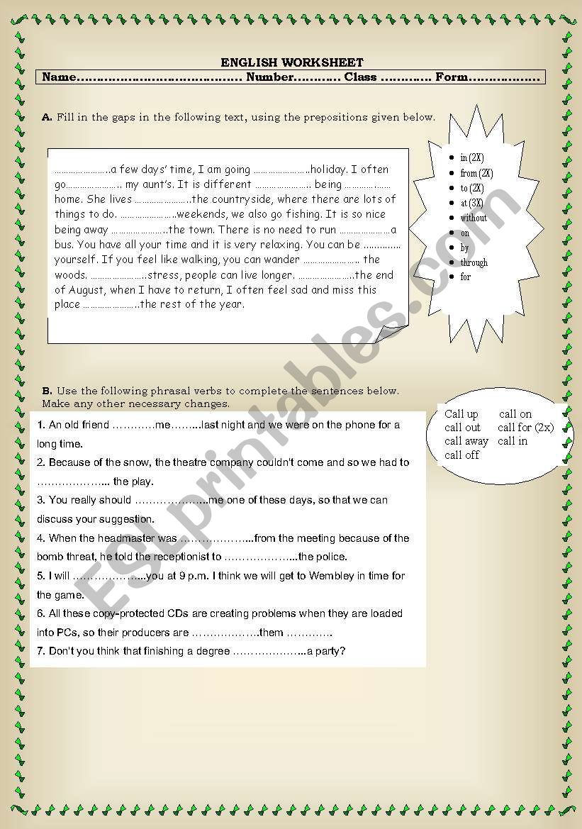 Worksheet about prepositions and phrasal verbs