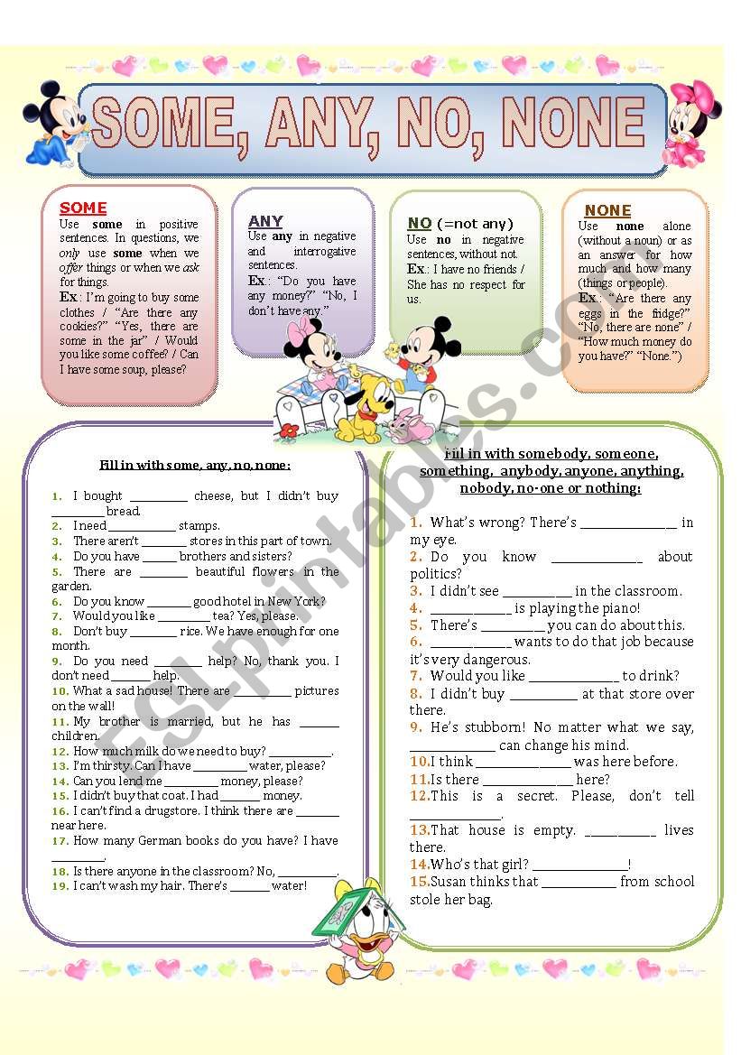 SOME ANY NO NONE explanations And Exercises ESL Worksheet By Patty39