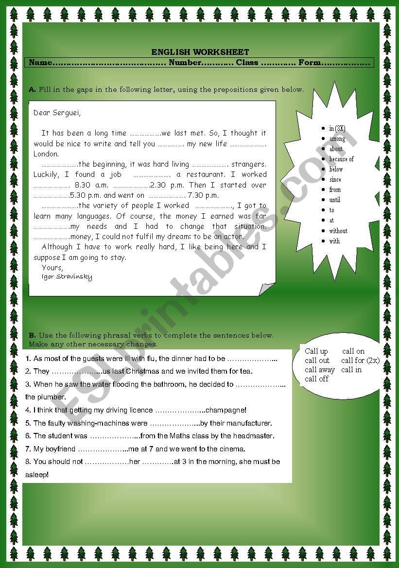 worksheet about prepositions and phrasal verbs, version B