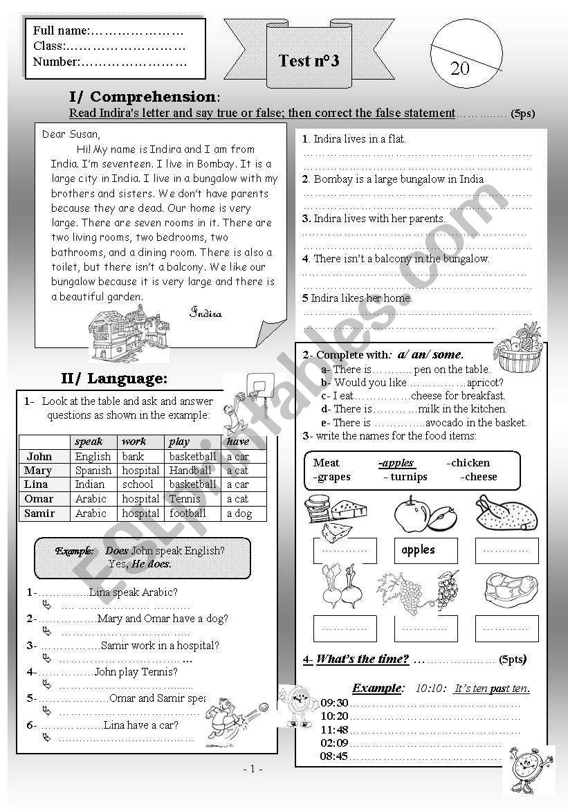 simple present / food / telling the time /possessive adj review or test 2pages