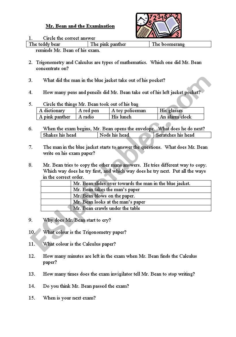 Mr Bean and the Examination worksheet