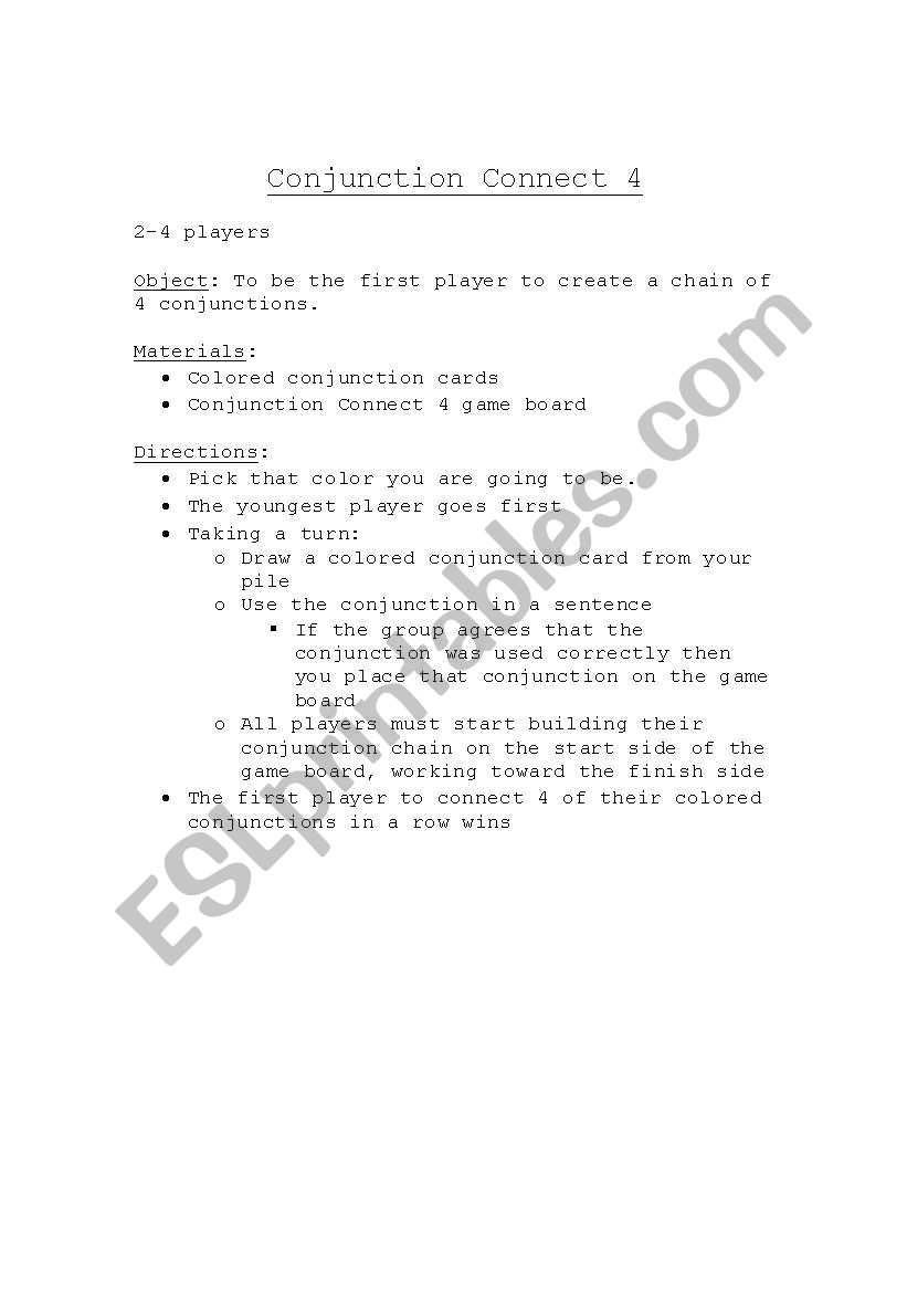 Conjunction Connect 4 worksheet