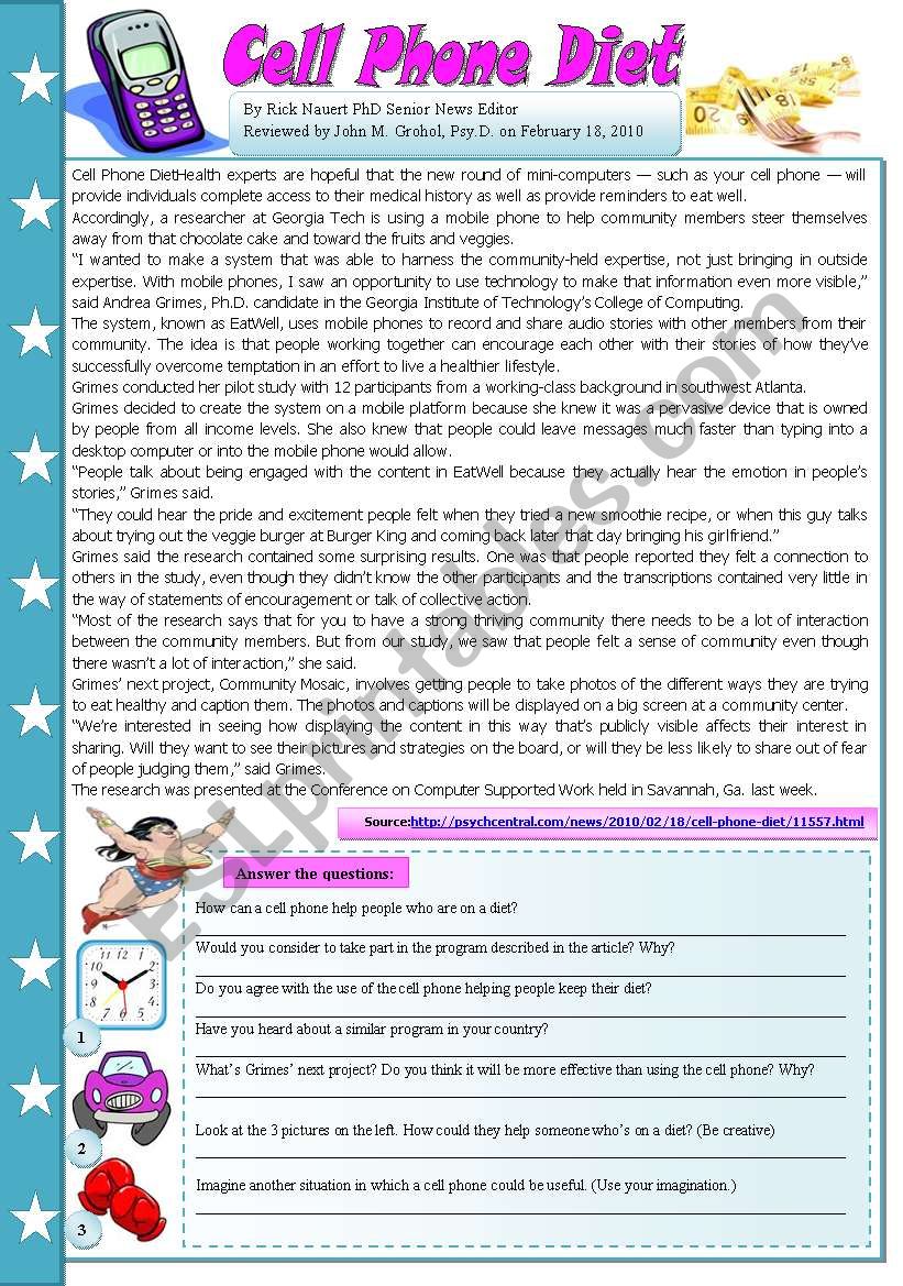 Cell phone diet - comprehension, writing, grammar, speaking - 4 pages