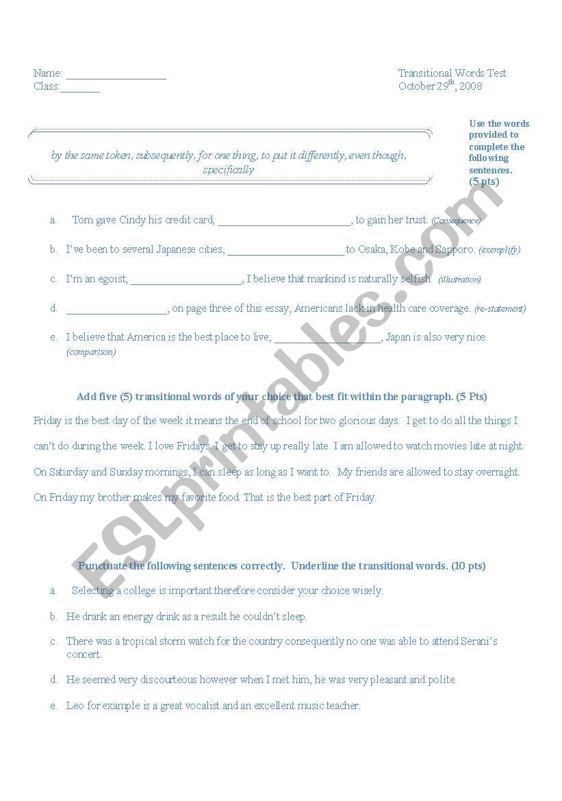 transitional words test worksheet