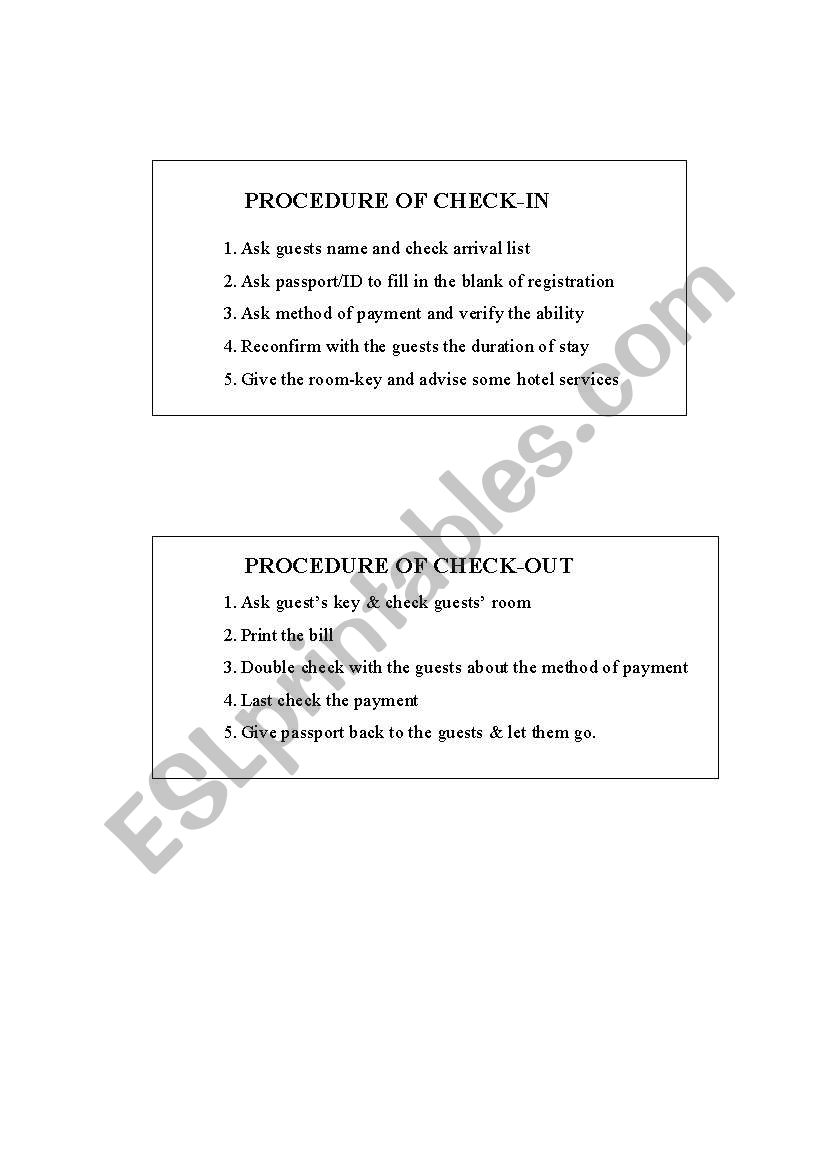 teaching for procedure of check-in and check-out